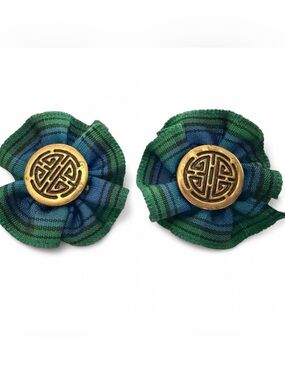 Green & Blue plaid Flower pierced post Earrings with celtic knot Gold Medallion